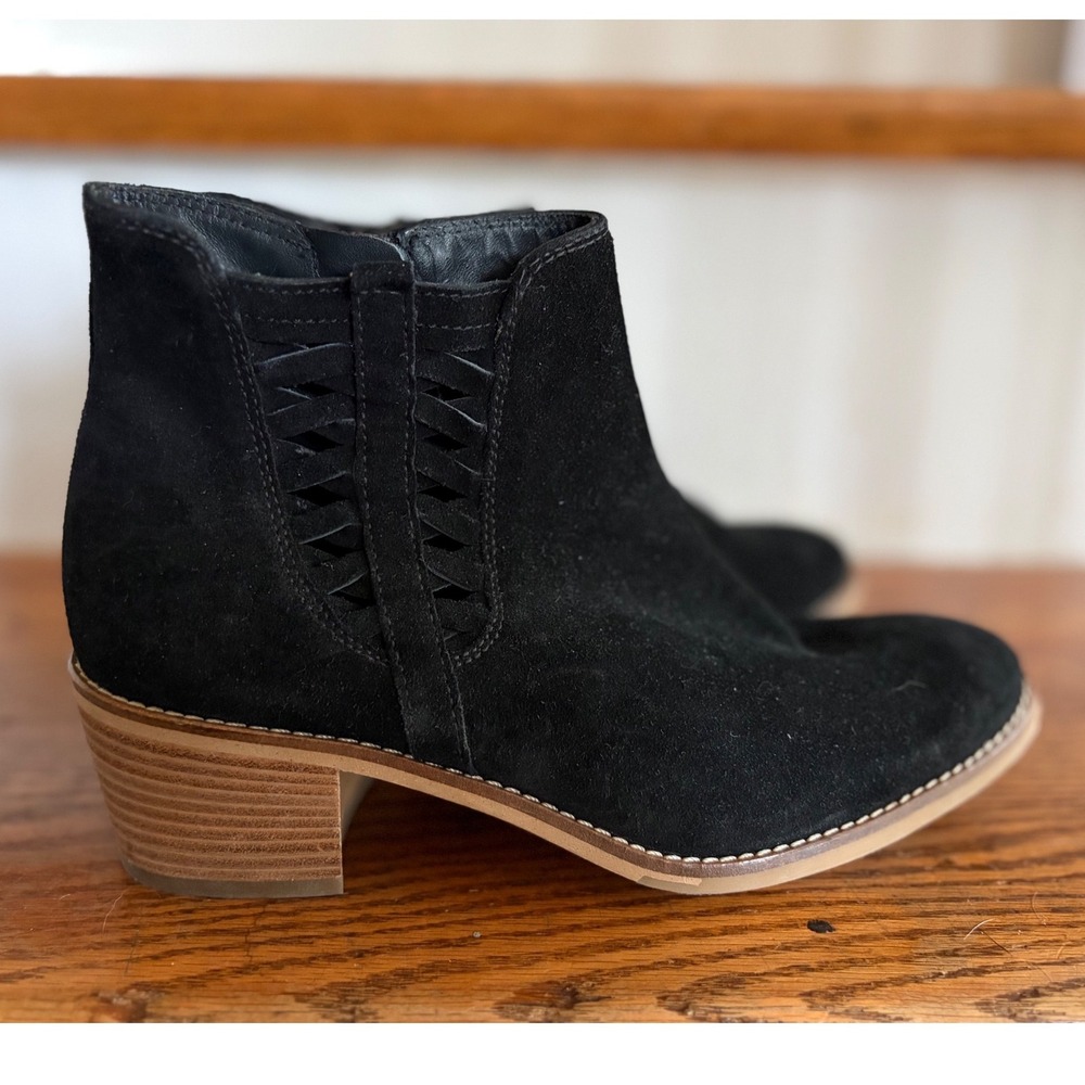 Paul Green Black Suede Woven Cut Out Ankle‎ Boots Block Heel US 5.5 NWOT